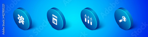 Set Isometric Cell, Reagent bottle, DNA research, search and Jar with additives icon. Vector