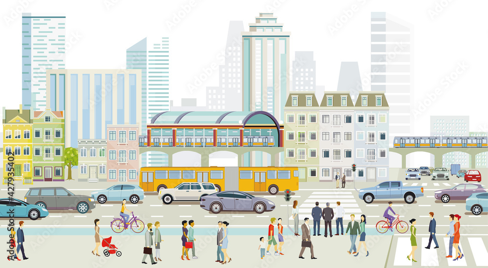 Stadtsilhouette mit Straßenverkehr und Hochbahn, Leute auf dem Bürgersteig
