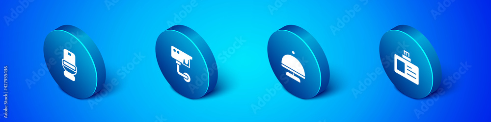Set Isometric Toilet bowl, Covered with tray, Identification badge and Security camera icon. Vector Set Isometric Toilet bowl, Covered with tray, Identification badge and Security camera icon. Vector