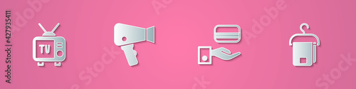 Set paper cut Retro tv, Hair dryer, Digital door lock and Towel on hanger icon. Paper art style. Vector