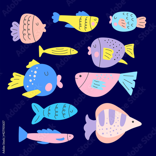 Set of cute cartoon marine life - bright color fish. Vector graphics, on white background. For decorating notebooks, packaging, posters print for pillow