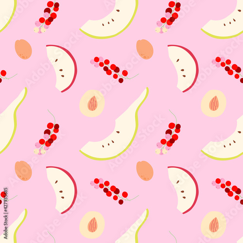 Seamless pattern with apple, pear, peach slices, apricot, red currant. For prints, backgrounds, wrapping paper, textile, wallpaper, etc. 