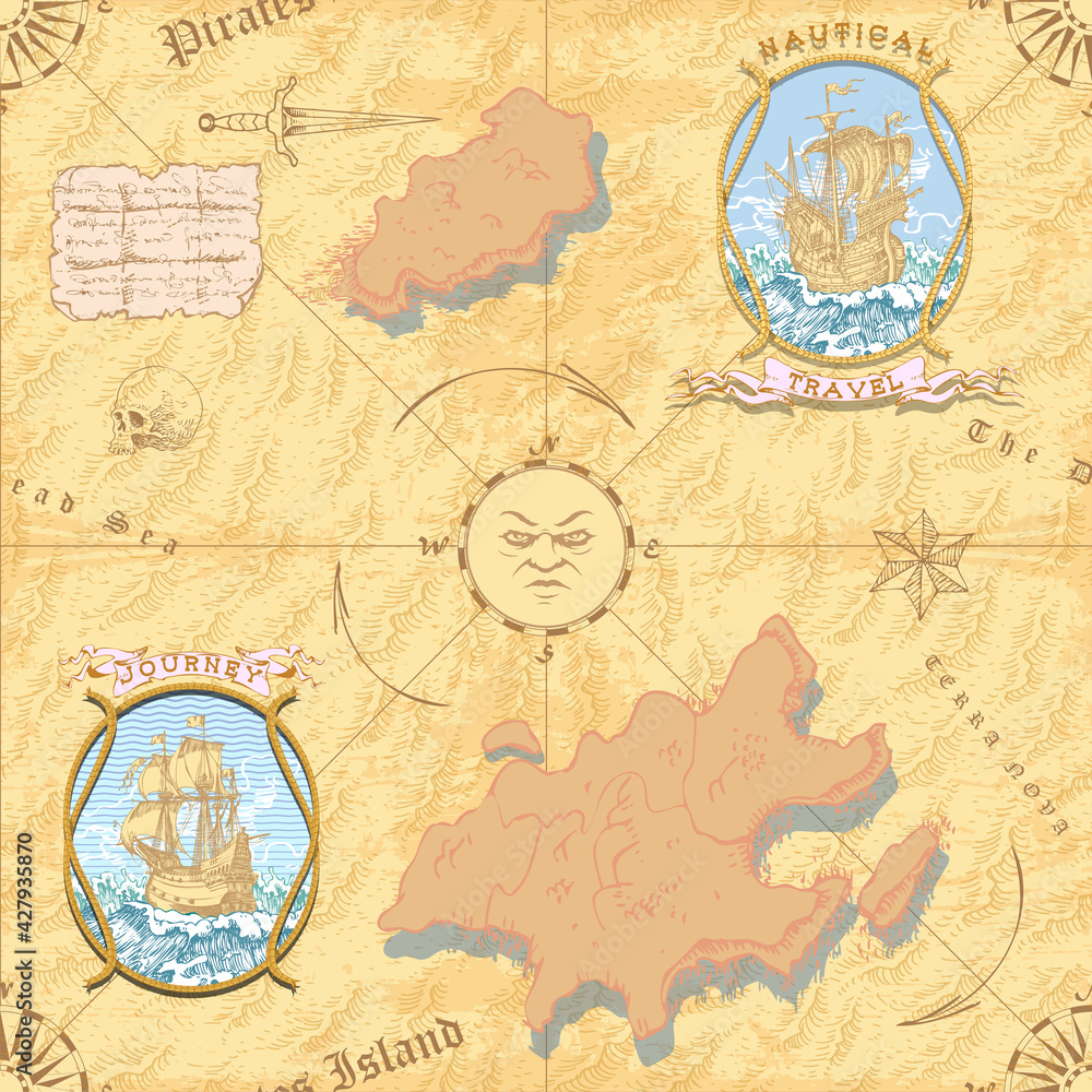 Fototapeta premium vector image of seamless texture of vintage nautical map in the style of medieval engravings