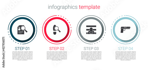 Set Paper analysis magnifying, Footsteps, Prisoner and Pistol or gun. Business infographic template. Vector