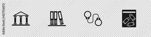 Set Courthouse building, Office folders, Handcuffs and Evidence bag bullet icon. Vector