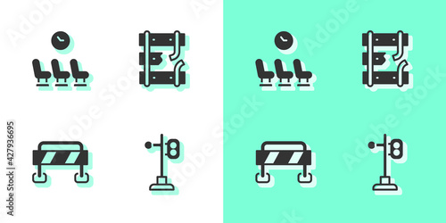 Set Train traffic light, Waiting room, Road barrier and Broken rails on railway icon. Vector