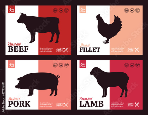 Photo Set of butchery label templates for groceries, meat stores, packaging and advert