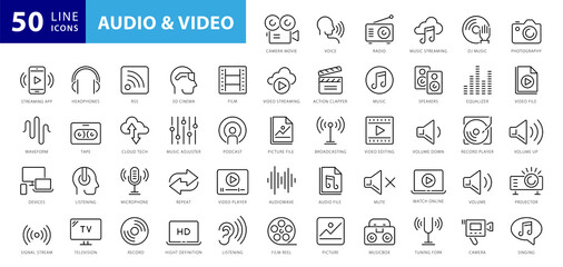 Audio Video Icons Pack. Thin line icons set. Flat icon collection set. Simple vector icons
