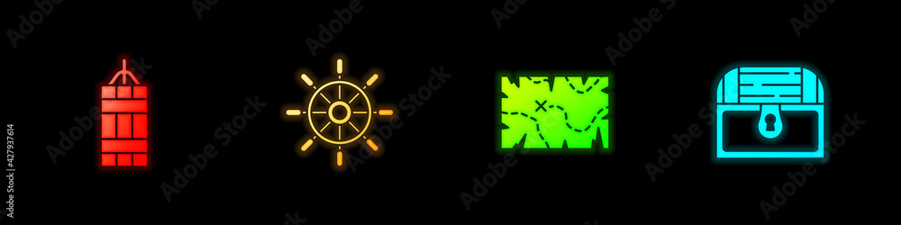 Fototapeta premium Set Dynamite bomb, Ship steering wheel, Pirate treasure map and Antique chest icon. Vector