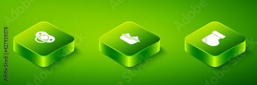 Set Isometric Baby bathtub, socks clothes and dummy pacifier icon. Vector