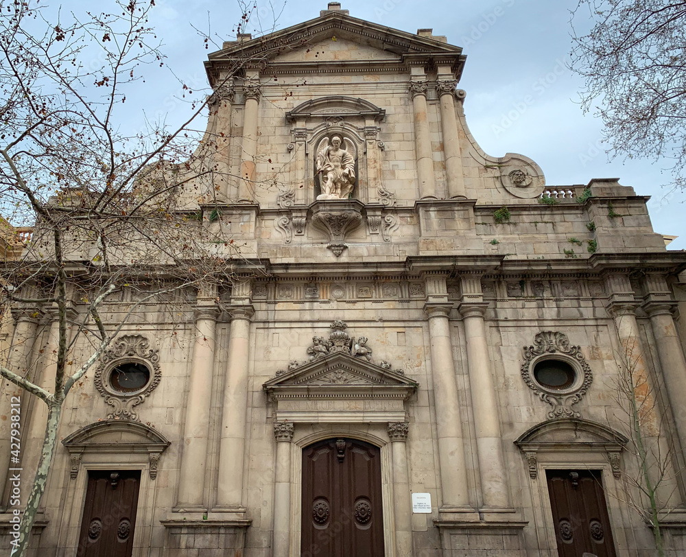 Facade of the church de Sant Miquel del Port in the Plaça de la Barceloneta, Barcelona, Spain.