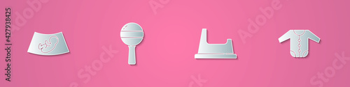 Set paper cut Ultrasound of baby, Rattle toy, Baby potty and clothes icon. Paper art style. Vector