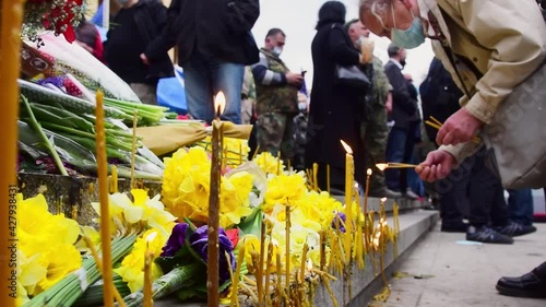 Tbilisi, Georgia - 9th april, 2021: Many candles burning in street on memorial tragic 