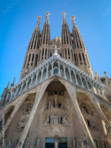 Frontal view of La Sagrada Família - Passion Facade by Antoni Gaudí, Barcelona, Spain
