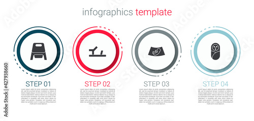 Set Baby potty, shoes, Ultrasound of baby and Newborn infant swaddled. Business infographic template. Vector