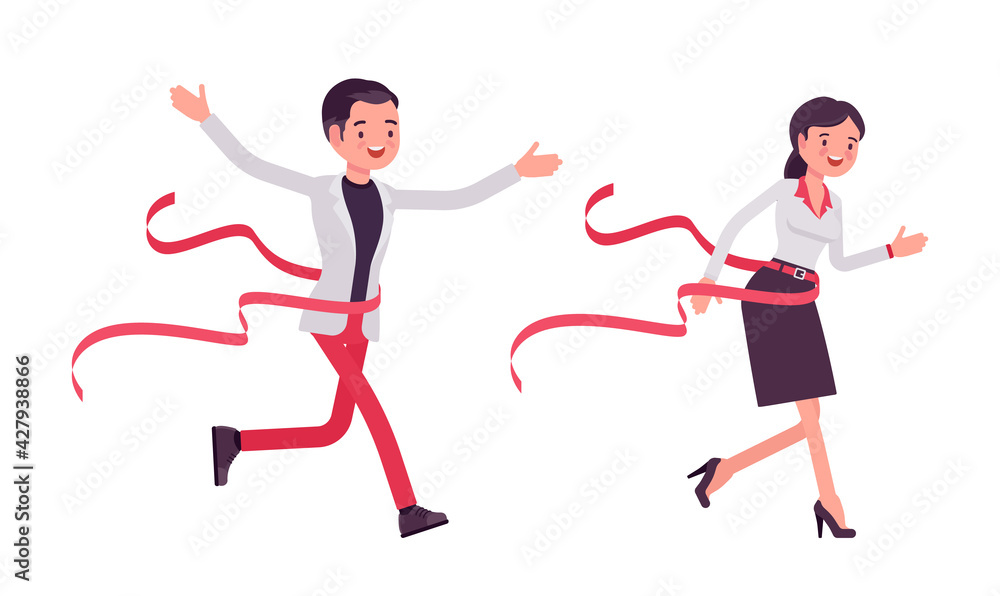 Smart businessman, businesswoman, business manager winning, crossing finish line. Office worker professional look in casual attire. Vector flat style cartoon illustration isolated on white background