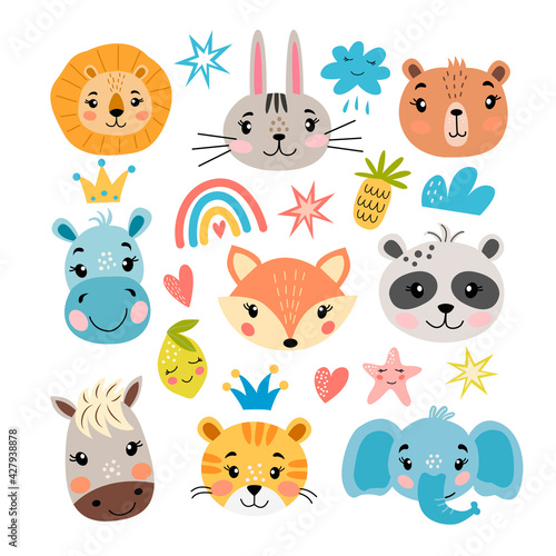 Set of cute cartoon faces of animals  fruits  rainbows  clouds in vector graphics  on a white background. For the design of posters  notebook covers  prints for t-shirts  mugs