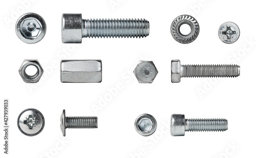 different bolts and nuts are isolated on a white background