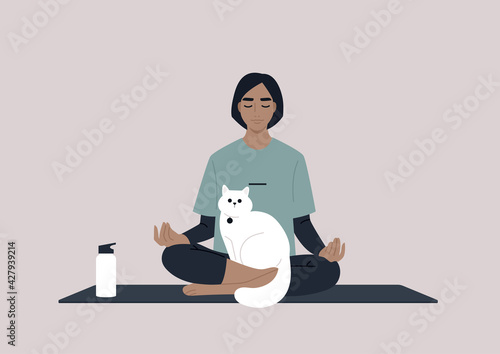A young female character meditating with a cat on their lap, dealing with stress, yoga workout at home