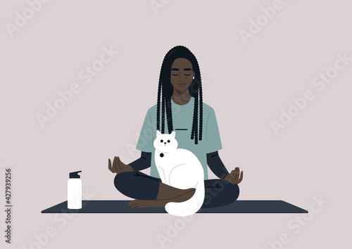 A young female Black character meditating with a cat on their lap, dealing with stress, yoga workout at home