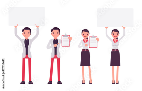 Smart businessman, businesswoman, business manager with giant blank banner, clipboard. Office worker professional look, casual attire. Vector flat style cartoon illustration isolated, white background