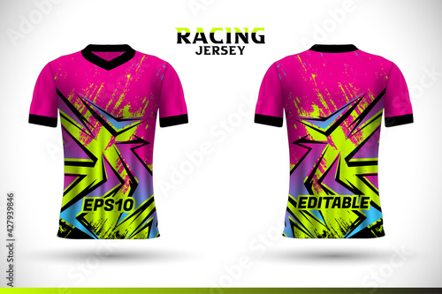 Sports racing jersey design. Front back t-shirt design. Templates for team uniforms. Sports design for football, racing, gaming jersey. Vector.