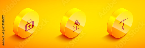 Set Isometric First aid kit, Road sign avalanches and Ice axe icon. Vector