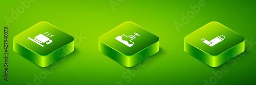 Set Isometric Award winner podium, Thermos container and Hot chocolate cup icon. Vector