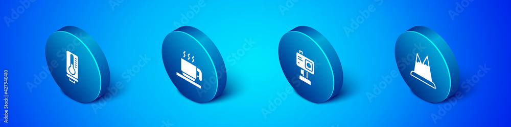 Set Isometric Meteorology thermometer, Action camera, Mountains and Hot chocolate cup icon. Vector Set Isometric Meteorology thermometer, Action camera, Mountains and Hot chocolate cup icon. Vector