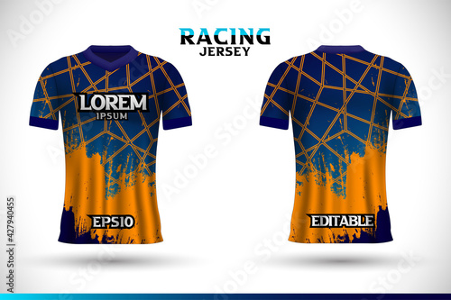 Sports racing jersey design. Front back t-shirt design. Templates for team uniforms. Sports design for football, racing, gaming jersey. Vector.
