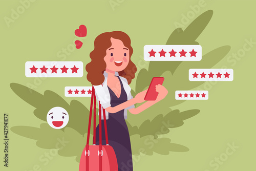 Customer experience positive review, rating to product, service or business. Woman, happy client, user giving five star opinion via smartphone app, nice report. Vector flat style cartoon illustration