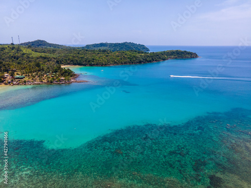 Aerial view of nature tropical paradise island beach enjoin a good summer beautiful time on the beach with clear water and blue sky in Koh kood or Ko Kut  Thailand.