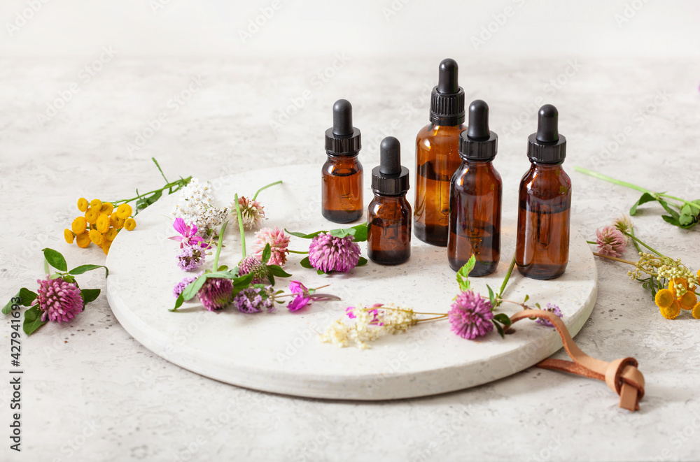 medical flowers herbs essential oils in bottles. alternative medicine. clover milfoil tansy rosebay medical flowers herbs essential oils in bottles. alternative medicine. clover milfoil tansy rosebay