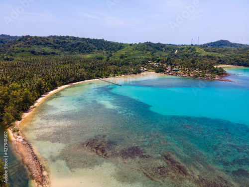 Aerial view of nature tropical paradise island beach enjoin a good summer beautiful time on the beach with clear water and blue sky in Koh kood or Ko Kut, Thailand.