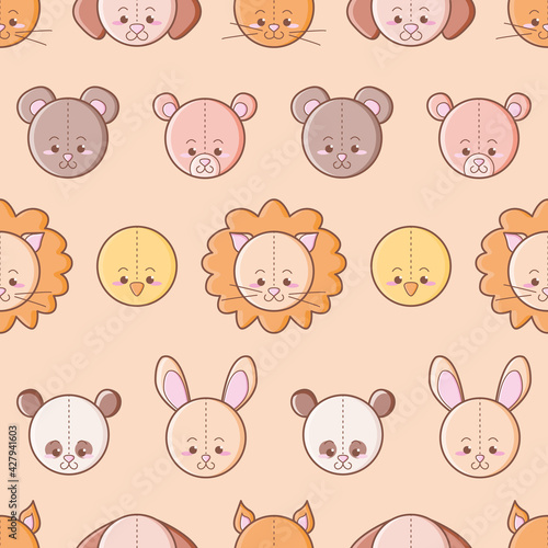 Kawaii plush animals seamless vector pattern. Cute toy fauna head illustration background.