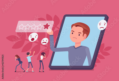 Negative online reputation management, worst, poor rating star scale. Building and maintaining bad opinion of brand for potential customers, hate review. Vector flat style cartoon illustration