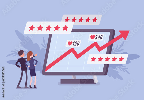 Positive online reputation management, growing up arrow graph. Giant screen with excellent e-reputation of a company, person, product, service or business. Vector flat style cartoon illustration