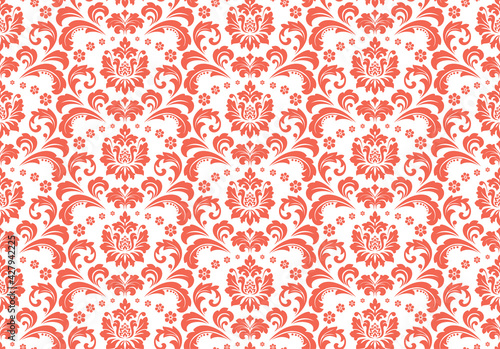 Wallpaper in the style of Baroque. Seamless vector background. White and pink floral ornament. Graphic pattern for fabric, wallpaper, packaging. Ornate Damask flower ornament