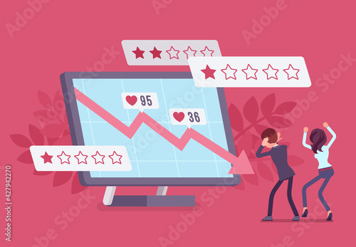 Negative online reputation management, falling down arrow graph. Giant screen with bad e-reputation of a company, person, product, poor service or business. Vector flat style cartoon illustration