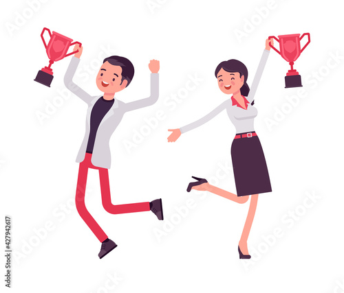Smart happy businessman, businesswoman, business manager winning trophy cup. Office worker professional look in casual attire. Vector flat style cartoon illustration isolated on white background