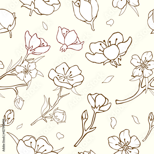 Fototapeta Naklejka Na Ścianę i Meble -  Seamless background with cherry blossoms. Vector illustration. Stock vector. Sakura. Floral print. Light yellow background. White flower
