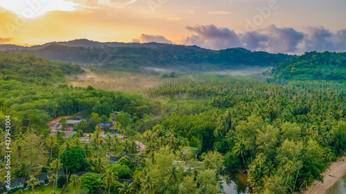 Aerial view of nature tropical paradise island beach enjoin a good summer beautiful time on the beach with clear water and blue sky in Koh kood or Ko Kut, Thailand.