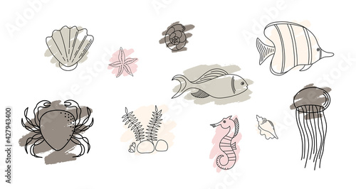 Colorful vector hand drawn doodle cartoon set of marine life theme elements. Sea animals symbols watercolor stains