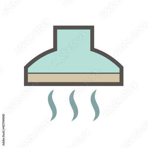 kitchen hood or cooker hood vector icon. Also called extractor, exhaust or range hood. Metal or stainless steel with fan, filter and chimney for air ventilation on stove in home kitchen and restaurant