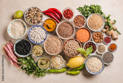 Healthy food background  various legumes  grains and superfoods.