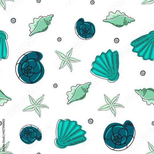 Seamless pattern with seashells, corals and starfish, fish, crab. Vector illustration.