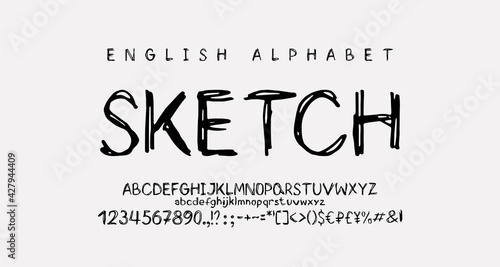 Hand drawn font sketch doodle style. Vector set of uppercase and lowercase English letters, numbers, marks, symbols