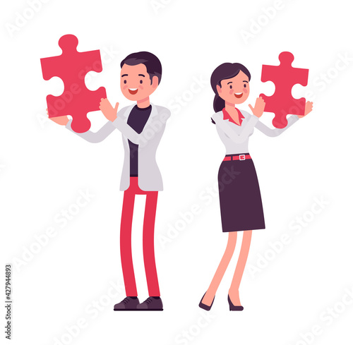 Smart businessman, businesswoman, business manager with giant puzzle piece. Office worker professional handsome look in casual attire. Vector flat style cartoon illustration isolated, white background