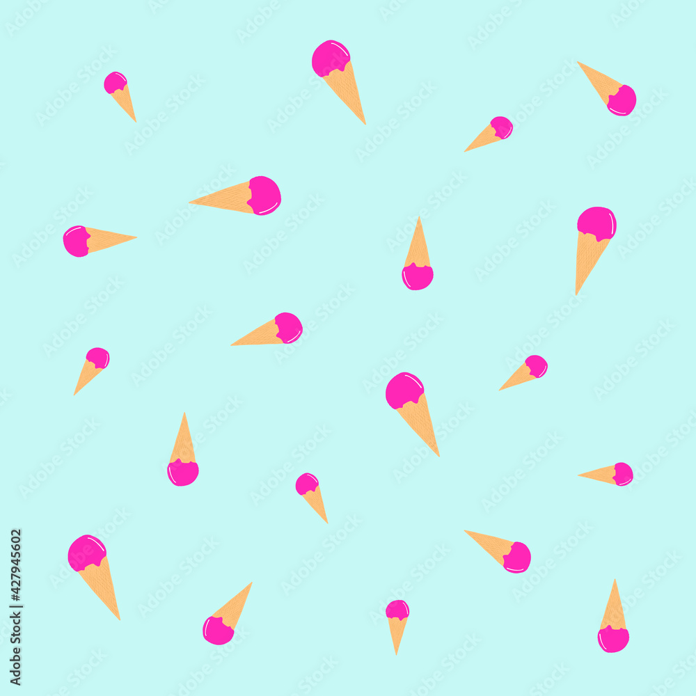 Trendy colorful pattern with randomly placed icecream. Seasonal summer cool background with magenta color accent, blue background. Pattern vector abstract graphic for print or clothes.