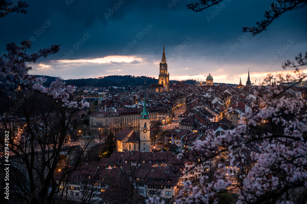 nightfall over the oldcity of Bern with Berner Münster in spring